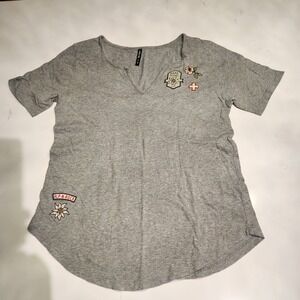 Alp N Rock Gray V Neck T Shirt Women Size M Embroidered Patches Camp Switzerland